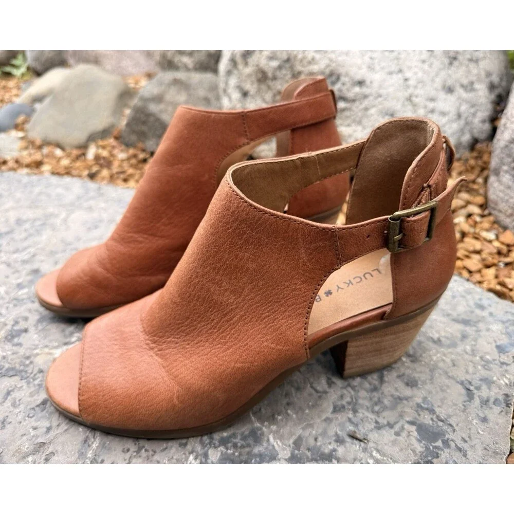 Lucky Brand Barimo Open Toe Booties Women Size 8 M Brown Leather Block Heels